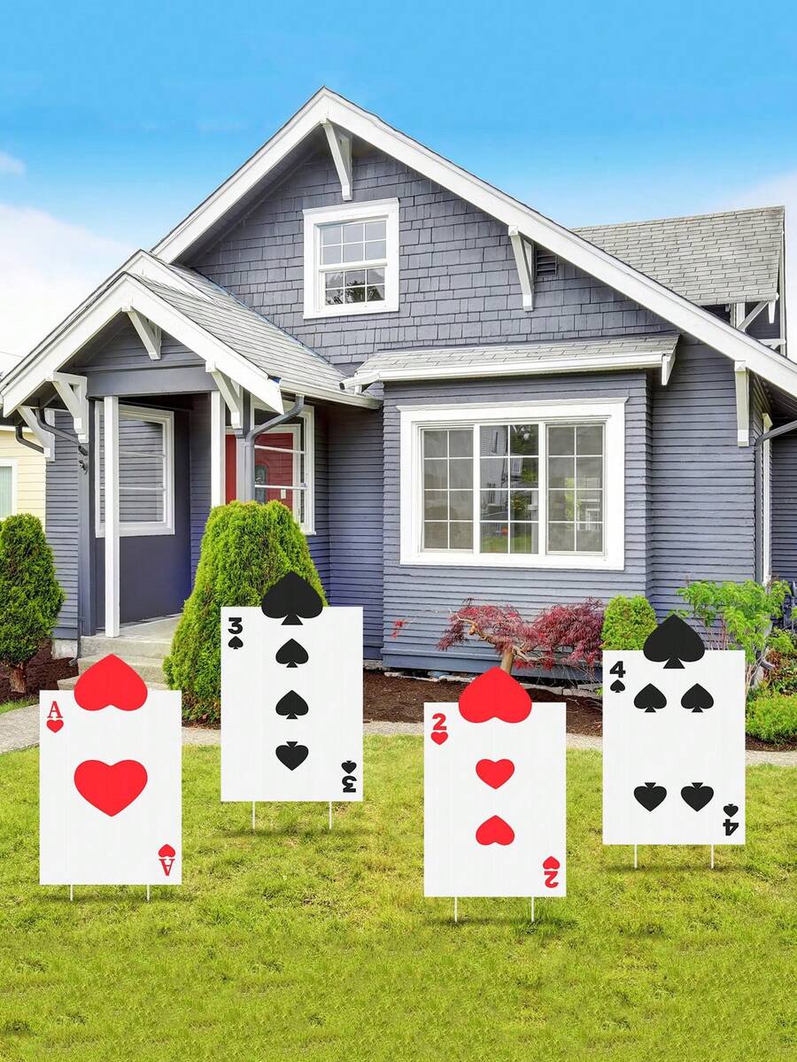 4件套 - 仙境主题派对装饰，大型女王士兵扑克牌标志，带“不给糖就捣蛋”主题派对装饰，仙境草坪花园标志，万圣节户外装饰，主题派对装饰，巨型游乐场标志，带赌注，大型仙境草坪标志，非常适合派对入口，汽车心形入口拱门，魔术师生日装饰