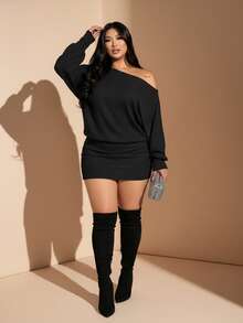 2pcs Plus Size Women's Asymmetric Neckline Asymmetrical Shoulder Long Sleeve Top And Bodycon Mini Skirt Set - Black - View 5