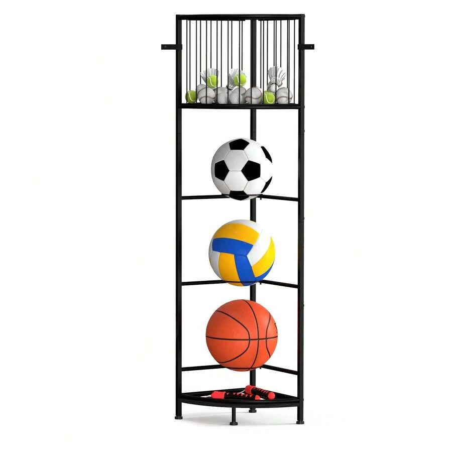 Corner Ball Storage Rack, Garage Ball Storage Sports Equipment Organizer, Freestanding Basketball Holder, Garage Ball Storage Sport Organizer Rack, For Volleyball Football Basketball, Indoor, Outdoor - Black 3tier - View 1
