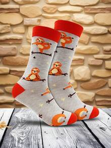 1 Pair/3 Pairs Men's Sloth Lifting Yoga Graphic Mid-Calf Socks, Funny Sports Style Sloth Yoga Mid-Calf Socks, Suitable For Daily Wear