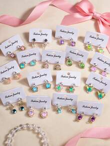 5对/套 精致可爱时尚水钻耳环 男女童款 蝴蝶心形雪花水滴随机款式 节日派对生日礼物 日常佩戴饰品 - 5對水鑽兒童耳釘 - 查看 2