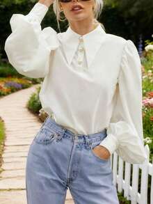 Plus Size Women Faux Pearl Button Puff Sleeve Top, Vintage Palace Style Lantern Sleeve Loose Blouse, Commuting & Date Wear Shirt Spring White - White - View 4