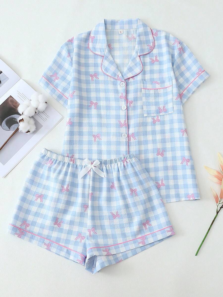 2pcs/Set Plus Size Women's Blue & White Plaid Bow Print Short Sleeve Collared Top With Pocket And Bow Shorts Pajamas Loungewear Set, Spring/Summer, Outfits
