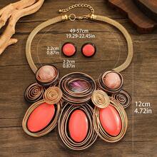 Exaggerated Multi-Layer Handmade Heavy Aluminum Wire Woven Resin Chain Bohemian European And American Middle Eastern European Korean Version Evening Party Holiday Women's Fashion Beautiful Retro Teardrop Necklace Earrings - Coral Red - View 2