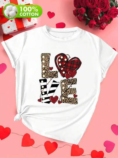 Camiseta de gran tamaño para mujeres con estampado de corazón blanco - Top casual de cuello redondo y manga corta con letras a cuadros y patrón de corazón, camiseta de verano transpirable, lavable a máquina para uso diario y del Día de San Valentín, estilo casual, A/Global/uso en todas las estaciones, cuello redondo de ajuste holgado, diseño de patrón fácil, tela ligera y cómoda, moda de primavera-verano, ropa casual de moda, ropa de primavera, textura suave, camiseta duradera, camiseta estampada, para adultos