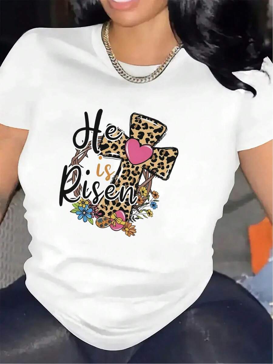 Camiseta Cristiana de Mujer Él ha resucitado - Blanca y Negra de Manga Corta con Diseño de Cruz Floral y Estampado de Leopardo, Ropa de Iglesia de Poliéster Ligero, Camiseta de Cuello Redondo Duradera y Cómoda para Celebraciones de Primavera - Blanco - Ver 1