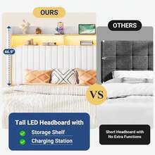 Allewie Full/Queen/King Size Lift Up Hydraulic Storage Bed Frame, 2-Tier Shelf Headboard With LED Lights And Charging Station, USB And Type C Ports, Wingback Velvet Headboard, No Box Spring Needed, White - 查看 6