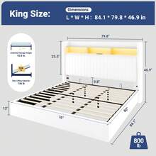 Allewie Full/Queen/King Size Lift Up Hydraulic Storage Bed Frame, 2-Tier Shelf Headboard With LED Lights And Charging Station, USB And Type C Ports, Wingback Velvet Headboard, No Box Spring Needed, White - 查看 10