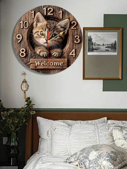 1pc Wooden Cat Theme Round Wall Clock - Farmhouse Style Silent Non-Ticking, Adorned With Cute Cats And Welcome Sign, Clear Numerals, Size 9.8x9.8 Inches, Battery Not Included (AA), Suitable For Kitchen, Bedroom, Office Decor, Rustic Wooden Design, Clock Face, 2D Flat Design
