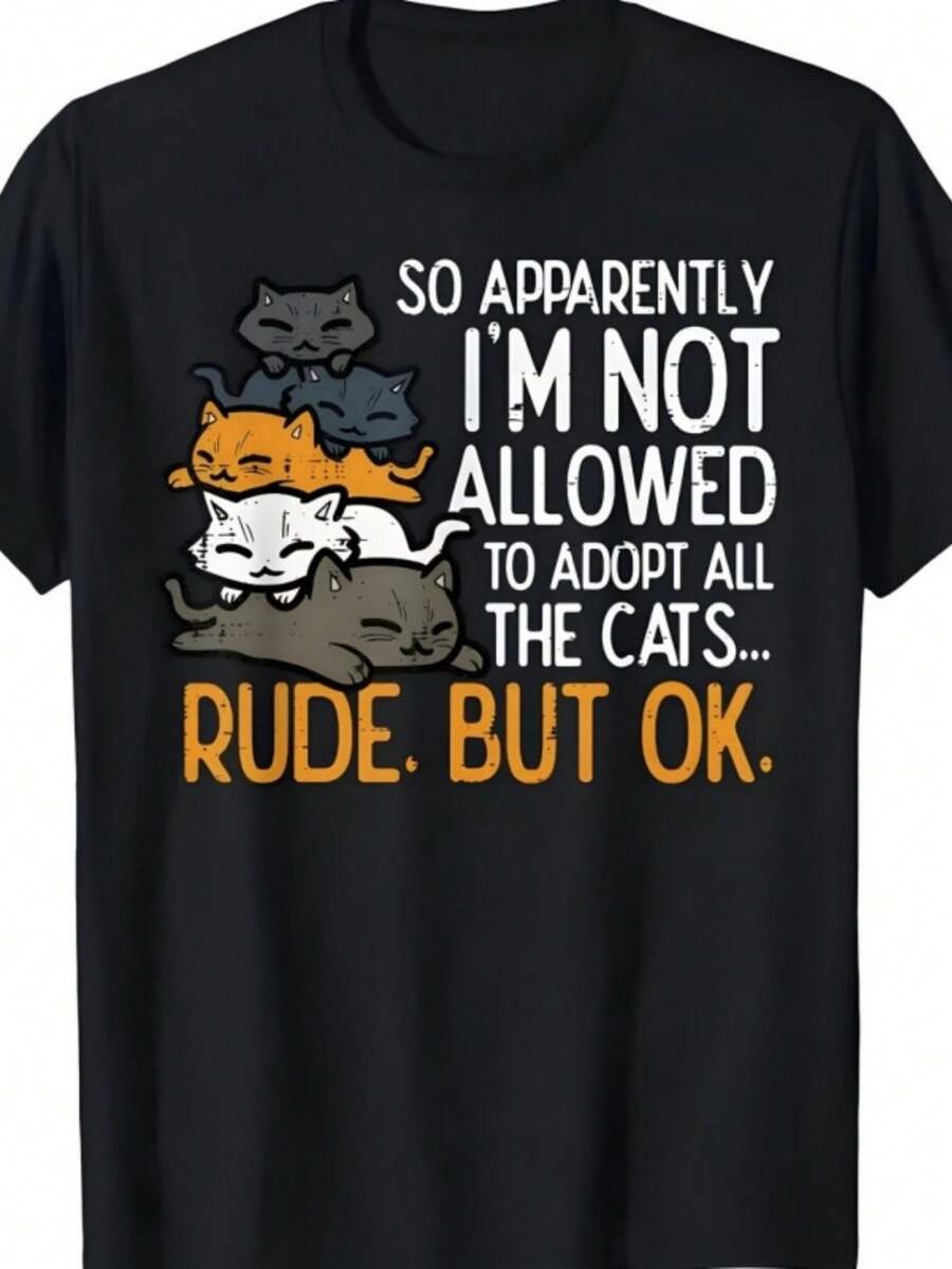 Digital Print Cat Creative Design Pattern  Trending Best-seller  100% Pure Cotton Black Short-sleeve T-shirt - Negro - Ver 1