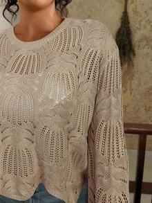 1pc Plus Size Women Solid Color Hollow Out Knitted Casual Dress, Suitable For Spring, Summer, Autumn - Apricot - View 2