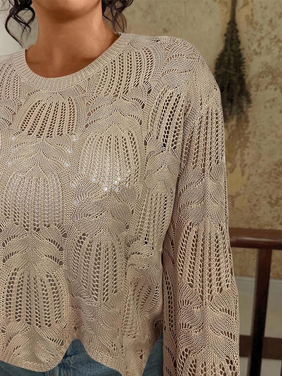 1pc Plus Size Women Solid Color Hollow Out Knitted Casual Dress, Suitable For Spring, Summer, Autumn