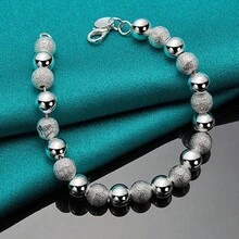 Pulsera de cadena con cuentas de 8 mm chapada en plata de ley 925 con acabado liso mate, adecuada para hombres y mujeres, apta para bodas, fiestas y otras ocasiones, accesorio de moda - Plateado - Ver 3