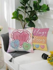 Valentinstag Kissenbezüge 45x45cm Set mit 4 Stücke, Sei mein Valentinsherz Umarmungen Küsse Liebe XOXO süße dekorative Landhausstil Feiertags Kissenhülle für Heim Dekoration - Babypink - Übersicht 2