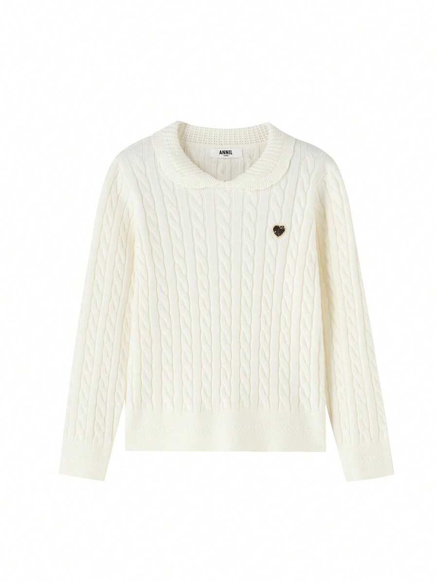Annil 儿童服装和女童圆领套头毛衣 2025 冬季新款蓬松保暖系列花瓣翻领甜美可爱保暖针织毛衣 - 奶糖白 - 查看 1