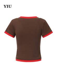YIU Women Knitted Fabric Short Sleeve Round Neck T-Shirt With 2-In-1 Contrast Binding Design Regular Length Non-Stretch Top Spring And Summer Clothes Suitable For Daily New Arrival - Brown - View 7