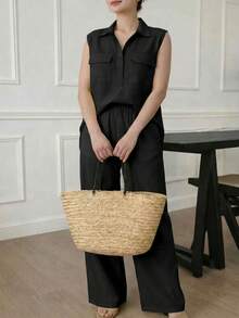 A&DD MODA, REF: AS1923 - Women's Set Consisting Of A Sleeveless Blouse And Pants. The Blouse Has A High V-Neck And Pockets; The Pants Have A Straight Cut, Elastic Waistband And Pockets, Ideal For Everyday Wear, With A Very Casual Style. - 黑色 - 查看 4