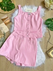 conjunto marrant colete curto com short saia feminino SP053 - Rosa chiclete - Visão 4