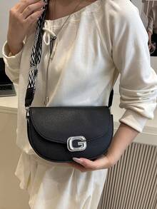 New Fashionable Luxury Versatile Rhinestone Magnetic Clasp Women PU Shoulder Crossbody Bag - Black - View 5