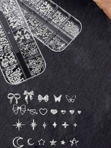 1 Box Nail Art Charms, Featuring Golden Metal Rivets, With Hollow Heart And Bow Designs, Moon, Star, For DIY Nail Decoration And Jewelry Crafting, For A Japanese-Style Manicure, And Includes Unscented Nail Rivet Accessories. - Silver - View 7