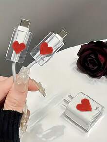 适用于苹果 18/20W 充电器适配器的 3 件套保护套，充电线头保护套 - 红色爱心图案、浅蓝色条纹图案、花卉爱心图案、波点小狗图案