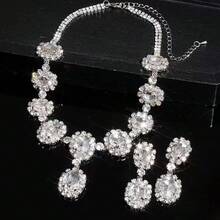 Bộ trang sức 2 món đính đá lấp lánh cao cấp, dây chuyền và bông tai, phụ kiện cô dâu thanh lịch. - Bộ 2 món kim cương hình oval lớn - Xem 10