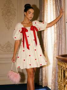 Women's Heart Print Mini Dress Short Puff Sleeve Square Neck Bow Dress Sweet Babydoll Dress - Màu be - Xem 7