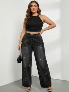 Jeans rectos de pierna larga y talla grande para mujer con detalles de strass, denim negro con botón, cremallera y bolsillos - Negro - Ver 5