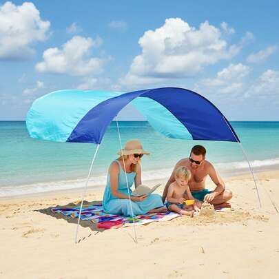 Automatic Wind Drive Beach Umbrella For 8 People, 150 Square Feet Of Sunshade, Blue Patchwork Design, Quick To Set Up And Portable.