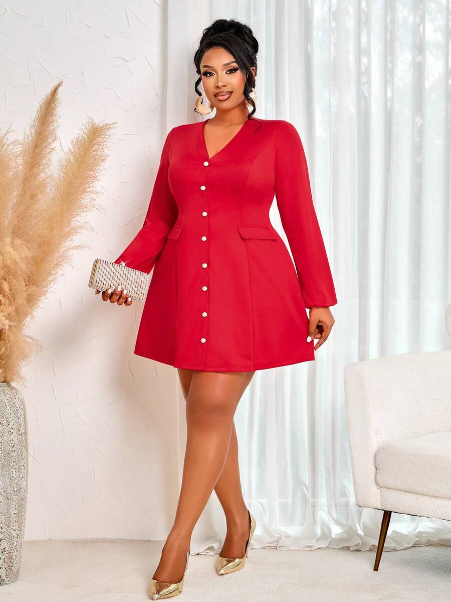 BIUBIU Đầm dài tay cổ chữ V màu đỏ cỡ lớn, có cúc và túi, chất liệu vải dệt kim, dáng xòe đến đầu gối. - Đỏ sáng - Xem 1