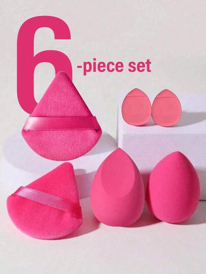 6件套完整化妆工具套装，包含4个化妆海绵和2个粉扑，适用于膏状和粉状遮瑕膏、粉底、腮红等产品，是化妆的理想配件，也适合放在梳妆台上、旅行途中或卧室使用，价格实惠，是情人节礼物的绝佳选择。