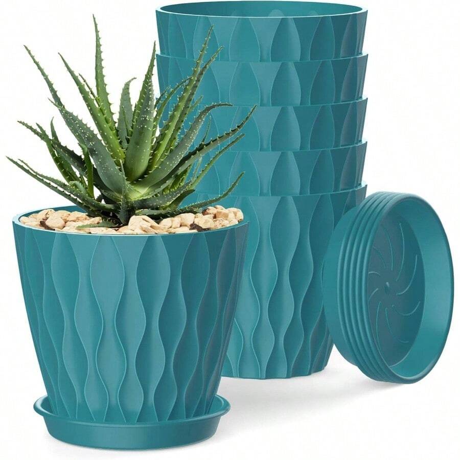 Inch Plant Pots 5 Pack, Flower Planters With Drainage Holes And Trays, Plastic Pots Indoor Outdoor Plants, White - 藍綠色 + 4英寸 - 查看 1