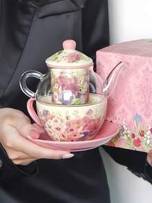 1 Zestaw Ceramiczny Zestaw do Herbaty z Kwiatami, Zawierający Czajnik, Filiżanki i Spodki, Luksusowy Francuski Retro Kwiatowy Popołudniowy Herbatka, Zestaw Do Serwowania Deserów, Eleganckie Wiejskie Przyjęcie Herbaciane, Spotkanie, Prezent, Nadaje Się Do Restauracji, Salonu, Herbaciarni - Wielokolorowe - Zobacz 6