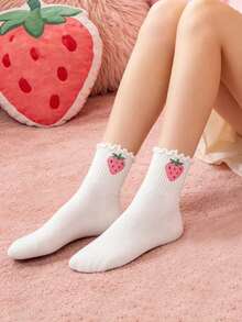 1/5 Đôi tất nữ dài đến bắp chân, viền bèo hình dâu tây - Ngọt ngào, dễ thương, mềm mại, thoải mái, thời trang - Phù hợp cho mặc hàng ngày, du lịch, ở nhà, dự tiệc, phong cách sinh viên, mọi mùa. - trắng - Xem 2