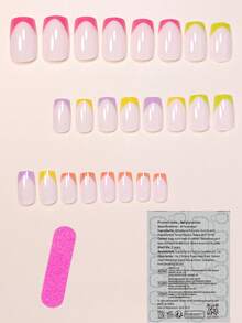 24片中号方形法式美甲贴纸，浪漫粉、经典草绿、优雅薰衣草、优雅黄、糖果橙法式美甲图案，全覆盖假指甲贴，适合女性和女孩。包含1张贴纸和1个迷你指甲锉，果冻凝胶，随机发货。 - 彩色 - 查看 2