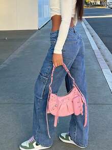 Women's Medium Blue Practical Utility Cargo Jeans - Loose Wide Leg, Multi-Pocket Design, Y2K Style Streetwear Denim Pants - Dark Wash - View 4