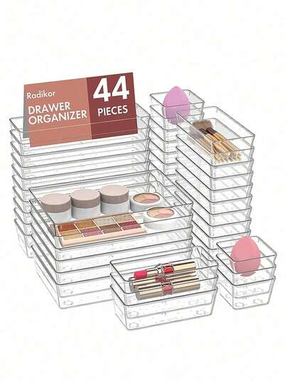 25/44-teiliges Set transparenter Schubladenorganizer aus Kunststoff, Schreibtischschubladen-Einsätze, Aufbewahrungsboxen für Make-up, Schmuck und Kleinigkeiten, Wohnaccessoires, Make-up-Organizer