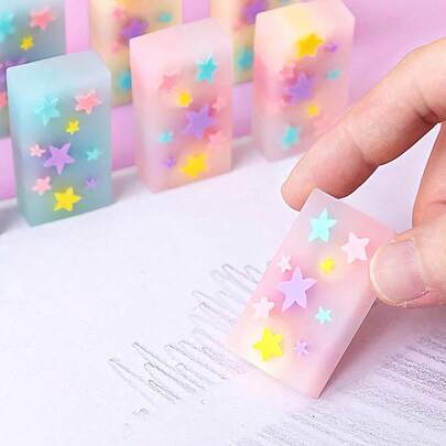 3 cục tẩy hình ngôi sao trong suốt, sáng màu, không bụi, dùng để làm sạch bút chì, văn phòng phẩm, đồ dùng học tập, chuẩn bị cho năm học mới.