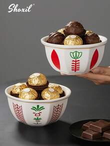 shoxil 1个沙特风格陶瓷甜点碗，饰有郁金香花图案，可用作零食碗、酸奶沙拉水果碗、坚果碗、托盘、甜点盘，适用于下午茶、家庭聚会、节日礼物、派对用品、斋月礼物分发等场合。 - 碗 - 查看 12