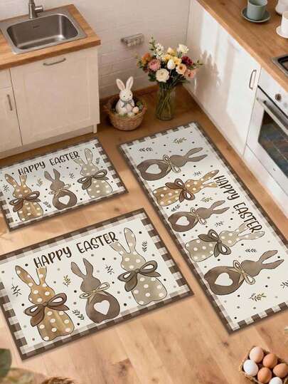 Tappetino da cucina con coniglio di Pasqua, dimensioni 40*60cm/50*80cm/40*120cm, antiscivolo, tappeto decorativo a tema Pasqua con cuori a quadri e coniglio, tappetino da cucina