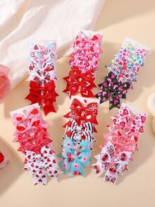 6个糖果色情人节印花蝴蝶结发夹，女孩派对侧夹，心形，嘴唇，粉色心形派对印花粉色元素发夹套装 - 粉色 - 查看 2