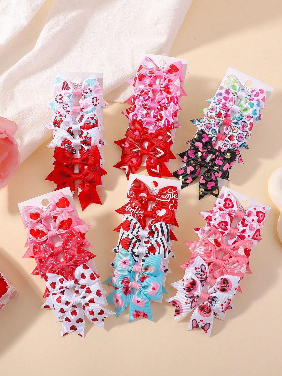 6个糖果色情人节印花蝴蝶结发夹，女孩派对侧夹，心形，嘴唇，粉色心形派对印花粉色元素发夹套装