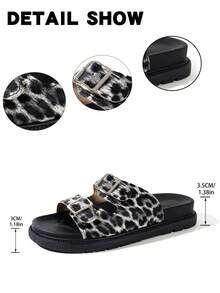 Women's Round Toe Double Strap Buckle Design Thick Sole Black Leopard Print Slide Sandals, Suitable For Indoor, Home, Beach, Vacation, Fashion Versatile Plus Size - Black Leopard Print - View 3