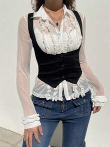Black Waistcoat For Women Fashionable Versatile Solid Color Button Up Vest Jacket - Black - View 1