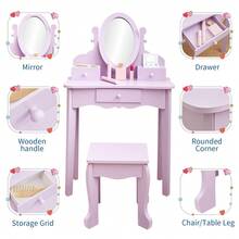 Tocador de Princesa para Niñas 4-9 Años | Juego de Maquillaje con Espejo, Cajones y Taburete | Set de Madera para Juego de Imitación, Regalo de Cumpleaños y Decoración - Color: Morado sin luz. Especificación: como se muestra. - Ver 1
