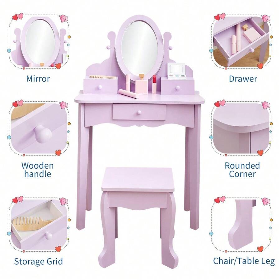 Tocador de Princesa para Niñas 4-9 Años | Juego de Maquillaje con Espejo, Cajones y Taburete | Set de Madera para Juego de Imitación, Regalo de Cumpleaños y Decoración - Color: Morado sin luz. Especificación: como se muestra. - Ver 1