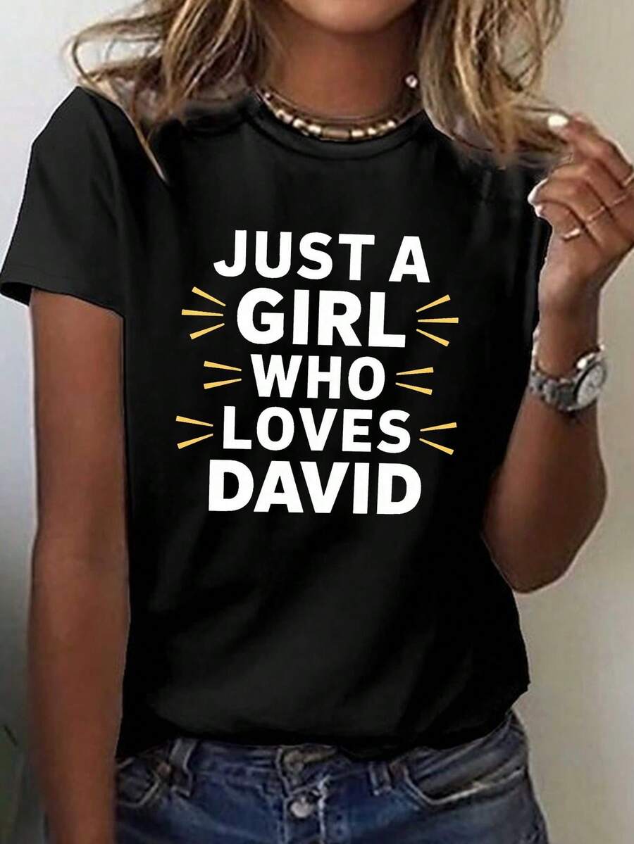 Women's "Just A Who Loves David" Graphic T-Shirt - Black With Yellow Text - Soft Everyday Crew Neck T-Shirt - Casual Fan Clothing Gift - All-Season Comfortable Style, Spring Fashion, Strong Print, Comfortable Material, Short Sleeve Top, Unisex Loose Fit - Comfortable Vintage Street Style Cotton T-Shirt Top - Black - View 1