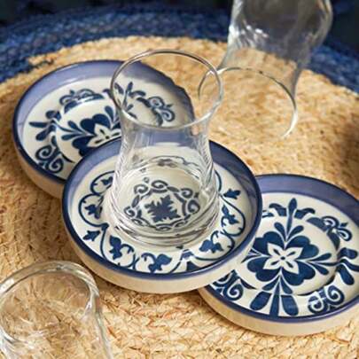 Zeher Blue Turkish Tea Glasses Set For 6 People - 6 Turkish Tea Cups With Stoneware Saucers For Afternoon Tea Party - Dishwasher- 12pcs Tea Set For Adults 160ml,  Traditional Style, Classic Design, Highquality Ceramics, Family Gatherings