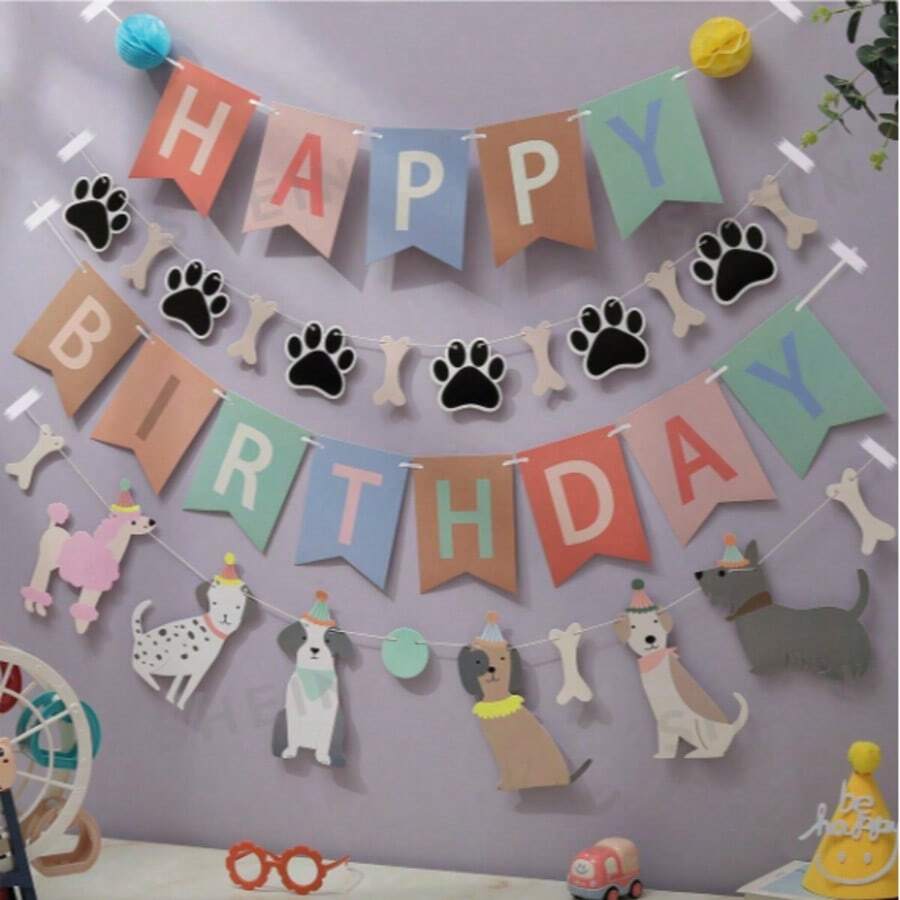 Dog Bone Pennant Flags For Birthday Party Decorations, Cake Dessert Table Decor, Birthday Party Venue Decorations, Happy Birthday Garland Banner - Multicolor - View 1