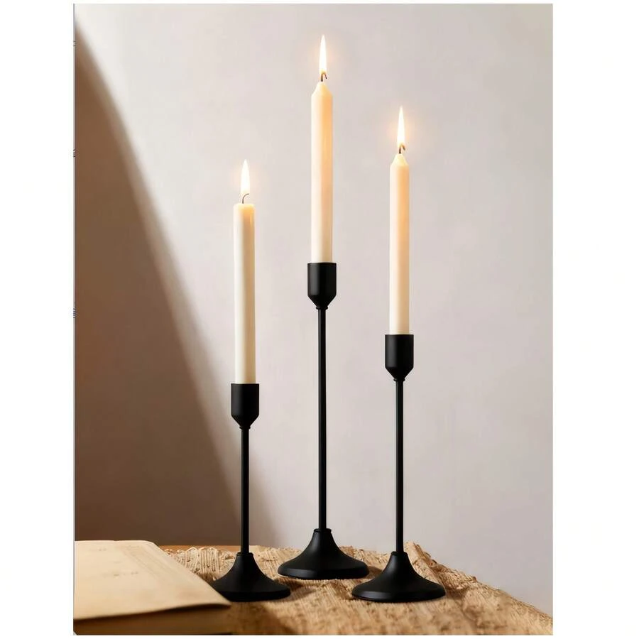 Set de 6/3 suporturi de lumânări în stil francez, aurii/negre/argintii, 3 suporturi de lumânări în formă de con, suporturi de lumânări decorative moderne, aurii și negre, potrivite pentru masă, șemineu, nuntă, cină, petrecere, Crăciun, decorațiuni aniversare (lumânările nu sunt incluse) - Negru - Vizualizare 1